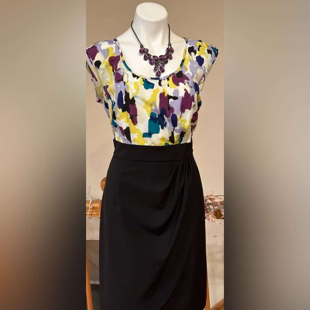 AB Studio Black Multi Color Midi Sleeves Dress. White Cami Underneath Sz 10